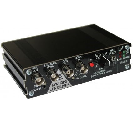 A black box-shaped device labeled 'CYCLOPS LED DRIVER' with various control knobs and ports for signal input and output.