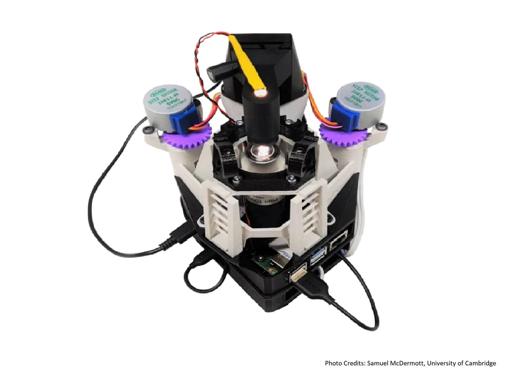 OpenFlexure Microscope V6 - Bag of Bits showing compact microscope setup for lab use
