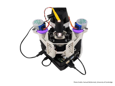 OpenFlexure Microscope V6 - Bag of Bits showing compact microscope setup for lab use
