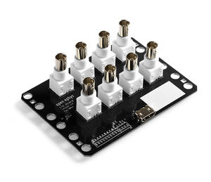 An I/O board with multiple BNC connectors and a USB port, intended for synchronizing external devices with a Open Ephys acquisition board.